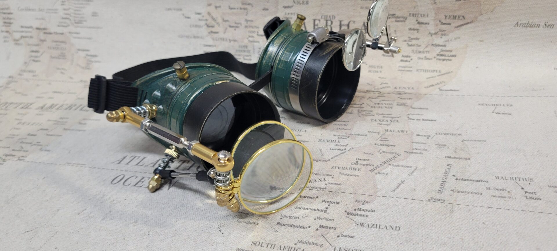 Steampunk Engineer Green Goggles With Double Loupes and Double Large Magnifying Loupes