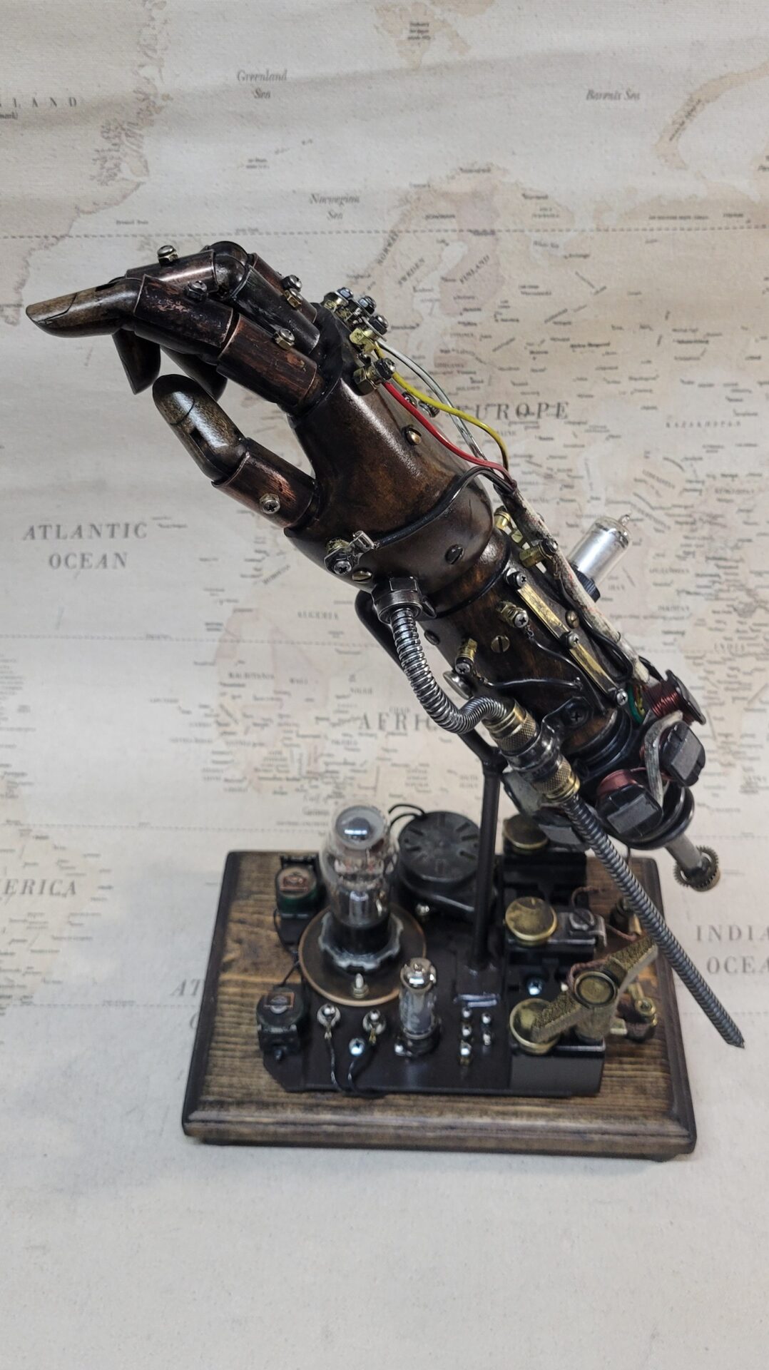 Steampunk Battle Damaged Robotic Wooden Android Hand Relic W/Tabletop Display Left Hand